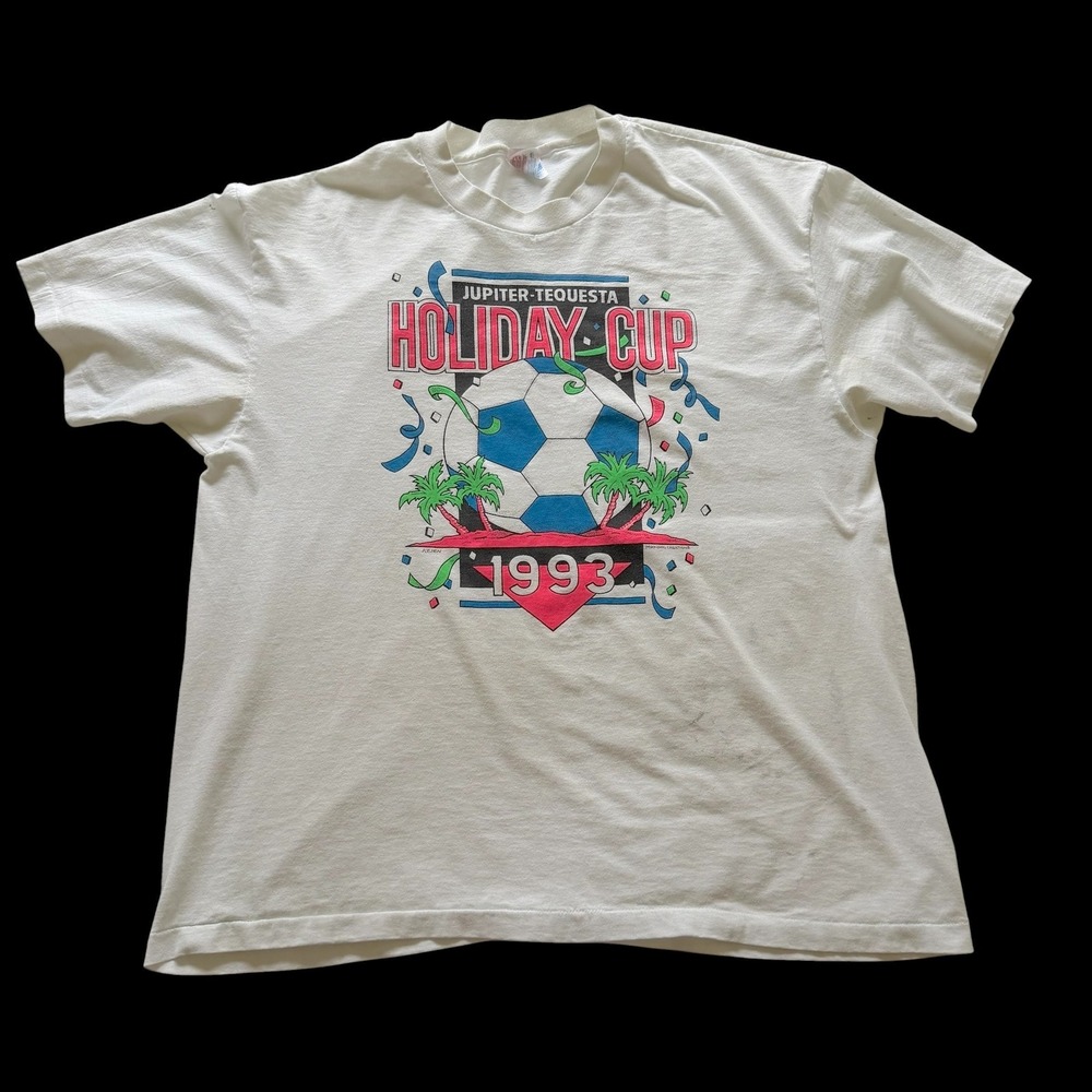 Vintage 1993 Jupiter Tequesta Holiday Cup Soccer T-Shirt Hanes White XL Mens